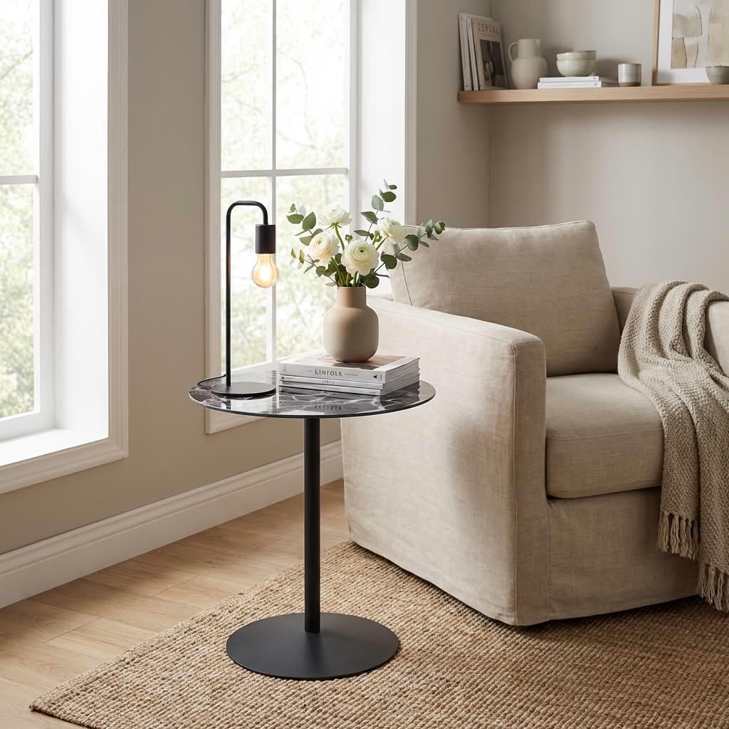 MAYEERTY 17.5 Inch Small Round Tulip Side Table, Marble Textured Glass Top, Sturdy Steel Base for Living Room & Bedroom