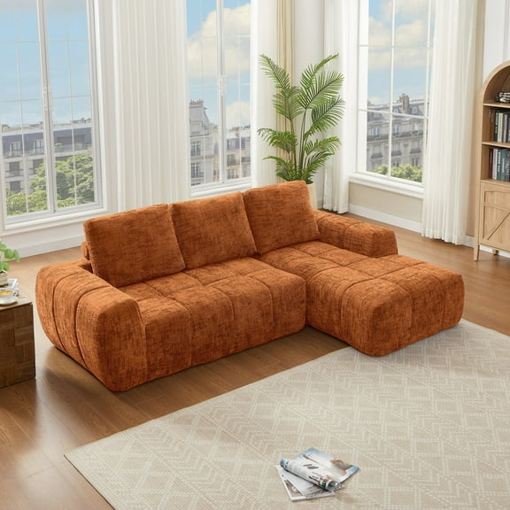 100" Modular Sectional Sofa with Chaise, L-Shaped Cloud Couch with 3 Pillows, Modern Chenille Upholstery with Deep Seat, No Assembly Required, Boneless Couch for Living Room Bedroom, Orange