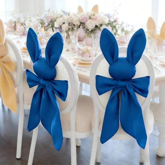 Easter Bunny Chair Covers With Bow, Cute Rabbits Ear Chair Back Covers For Dining Table Spring Holiday Party Decorations Adjustable Chairs Ties Ornament