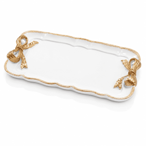 Vintage Decorative Tray ,Elegant Jewelry & Cosmetics Organizer with Bow Design ,Resin Storage Tray for Rings,Necklaces,Bracelets ,Vanity Tray for Dresser,Bathroom (White)