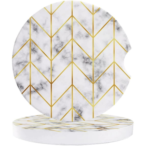 FMSHPON Geometric Yellow Line Herringbone Retro Marble Style Set of 6 Car Coaster for Drinks, Absorbent Ceramic Stone Coasters Cup Mat with Cork Base for Home Kitchen Room Coffee Table Bar Decor
