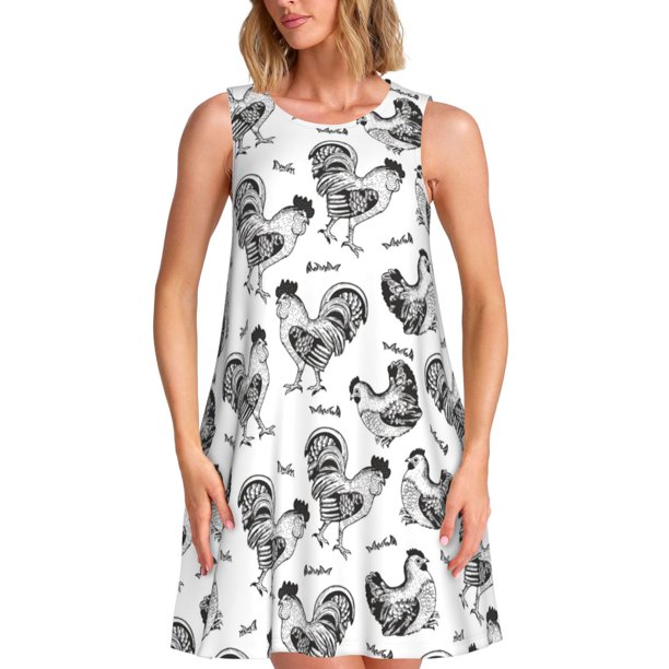 Easygdp Retro Rooster para Vestido Transpirable de Mujer, Vestido Suelto de Manga Corta con Pliegues y Bolsillos para el Verano