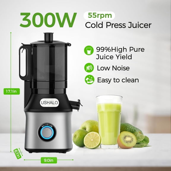 Cold Press Juicer - 300W Slow Masticating Juicer with 5.5" Feed Chute, 99% Juice Yield, BPA-Free, Easy to Clean