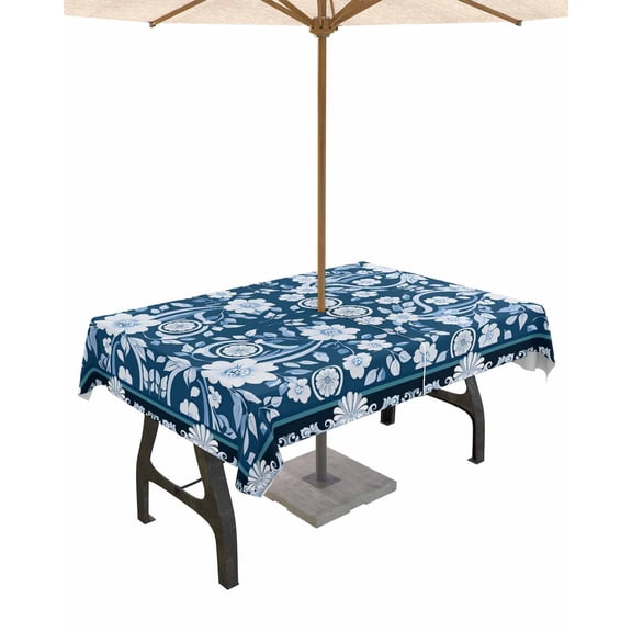 Fsddascl Blue White White Flowers Outdoor Tablecloth - 60x84 Inch Rectangle Dining Table Cover, Rustic Vintage Botanical Leaves Waterproof Outdoor Table Cloth with Umbrella Hole & Zipper for Patio