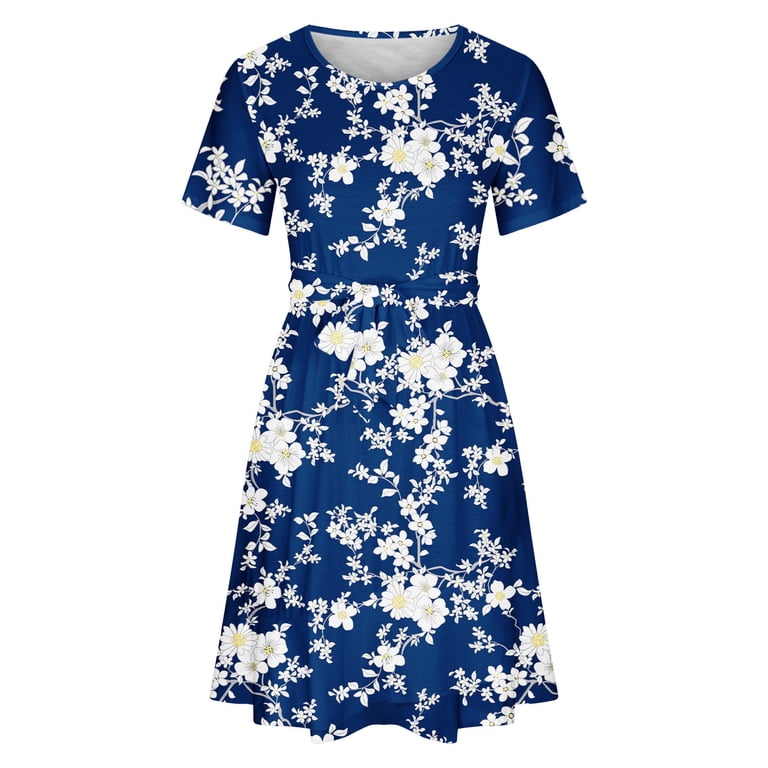 short loose formal dresses Wycnly for Women Tie Waist Flowy Ruffle Swing Beach Dress Round Neck Sleeve Floral Print Summer Mini Dresses Dark Blue XL Clothes summerfavorites