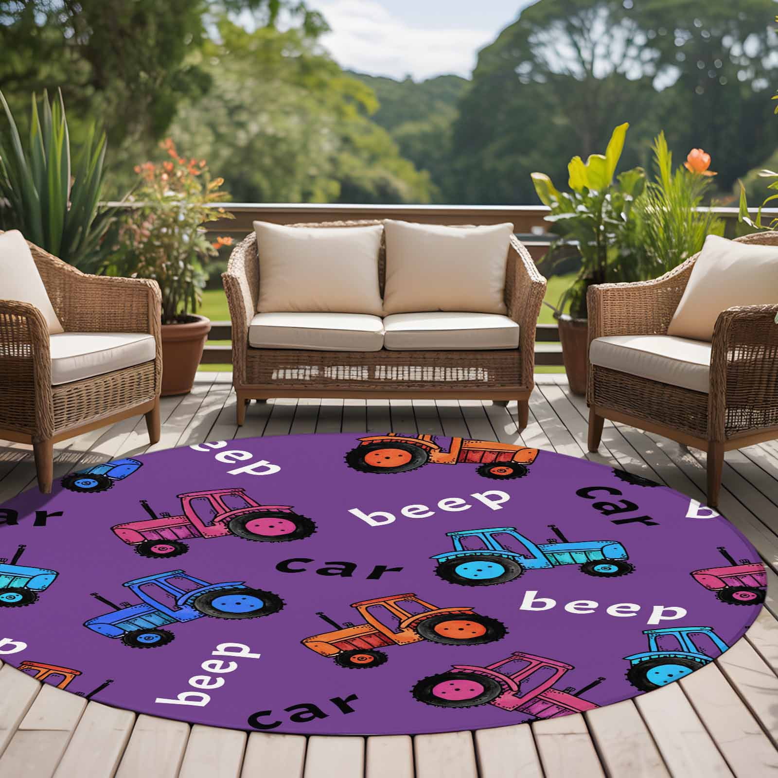 Cartoon Tractor Round Area Rug 7Ft Washable Circle Rugs for Dorm Laundry Room, Cute Beep Car Digger Shovel Truck Purple Non-Slip Carpet Floor Mats Indoor Outdoor Carpet Runner Aesthetic Home Decor