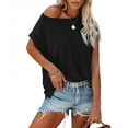thumbnail image 2 of Solid Color Women Loose Short Sleeve Off Shoulder Shirt With Pocket, 2 of 4