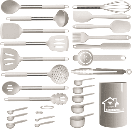Aartvark Tees Kitchen Utensils Set,26 Piece Stainless Steel Silicone Cookware,Kitchen Spatula, Spoon, Turning Tongs, Brush, Whisk (Khaki)