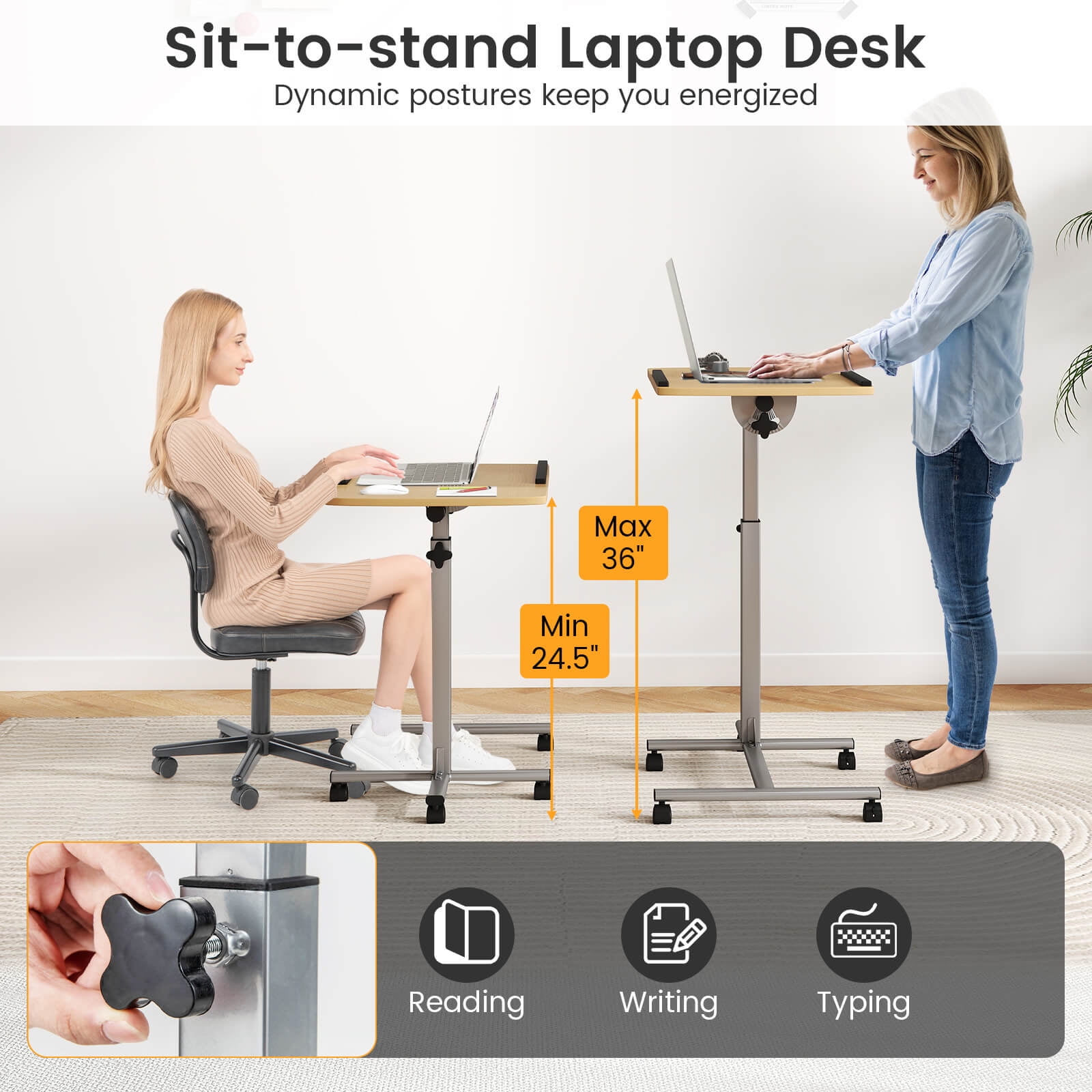 Costway Mobile Standing Desk Height Adjustable Sit to Stand Laptop Desk, Natural Natural