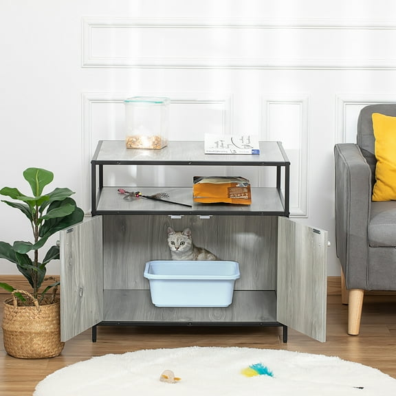 PawHut Cat Litter Box Enclosure Double-door Nightstand with Storage Shelf Grey