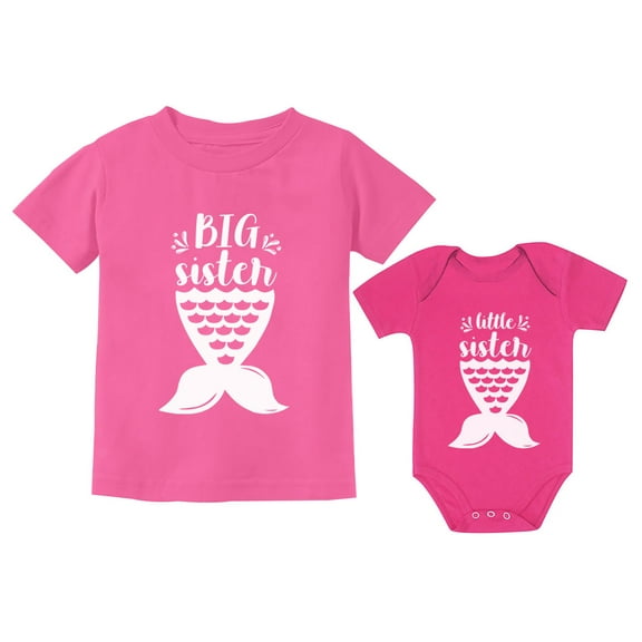 Sibling Shirts Set Big Sister Shirt Little Sister Bodysuit Mermaid Shirts Girls Toddler Pink 3T / Baby Wow pink NB (0-3M)