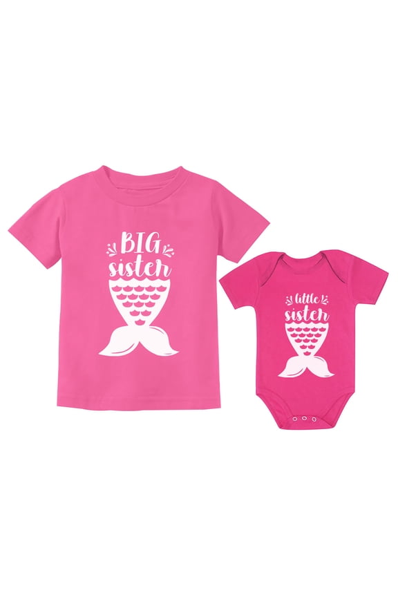 Sibling Shirts Set Big Sister Shirt Little Sister Bodysuit Mermaid Shirts Girls Toddler Pink 3T / Baby Wow pink NB (0-3M)