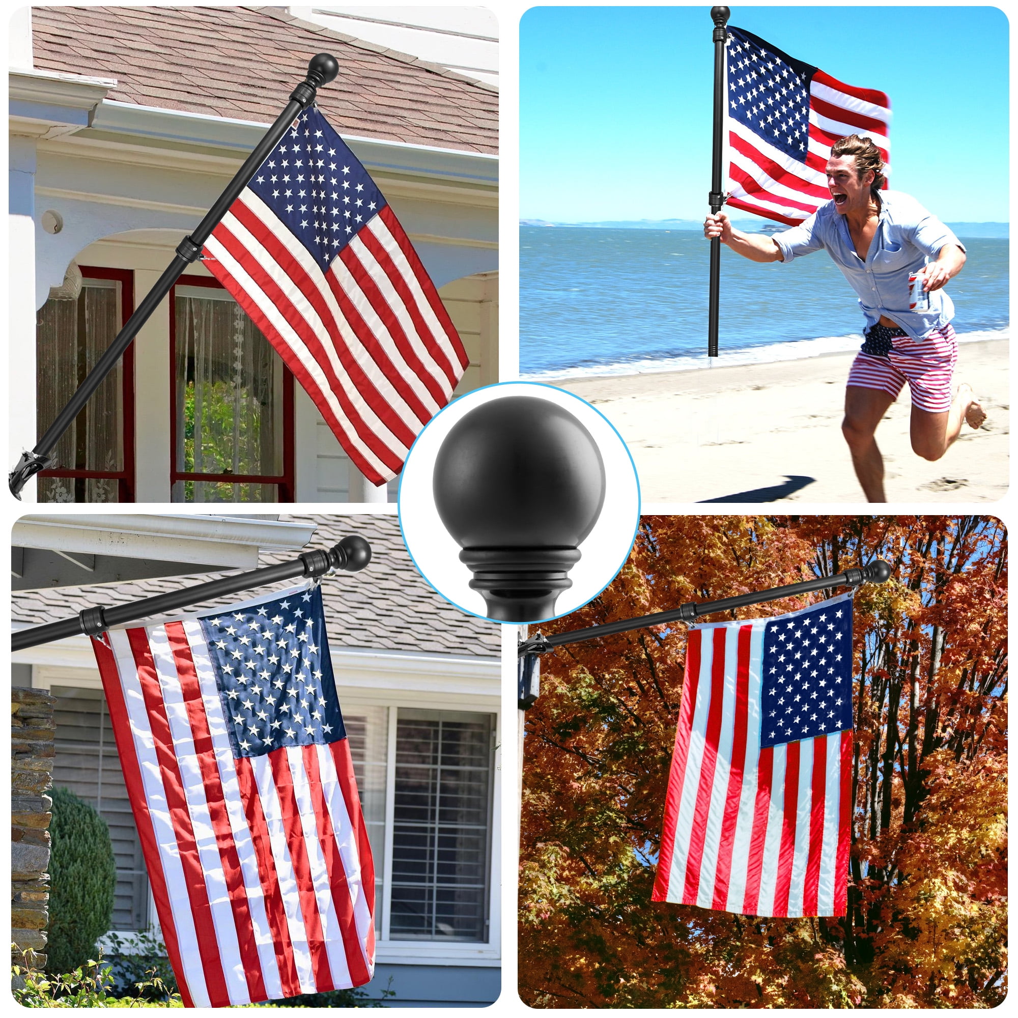 Widyana Metal Flag Pole 5Ft, Include a 3x5Ft US Flag, a Holder, Two No-Tangle Rings, 1 Set, Black