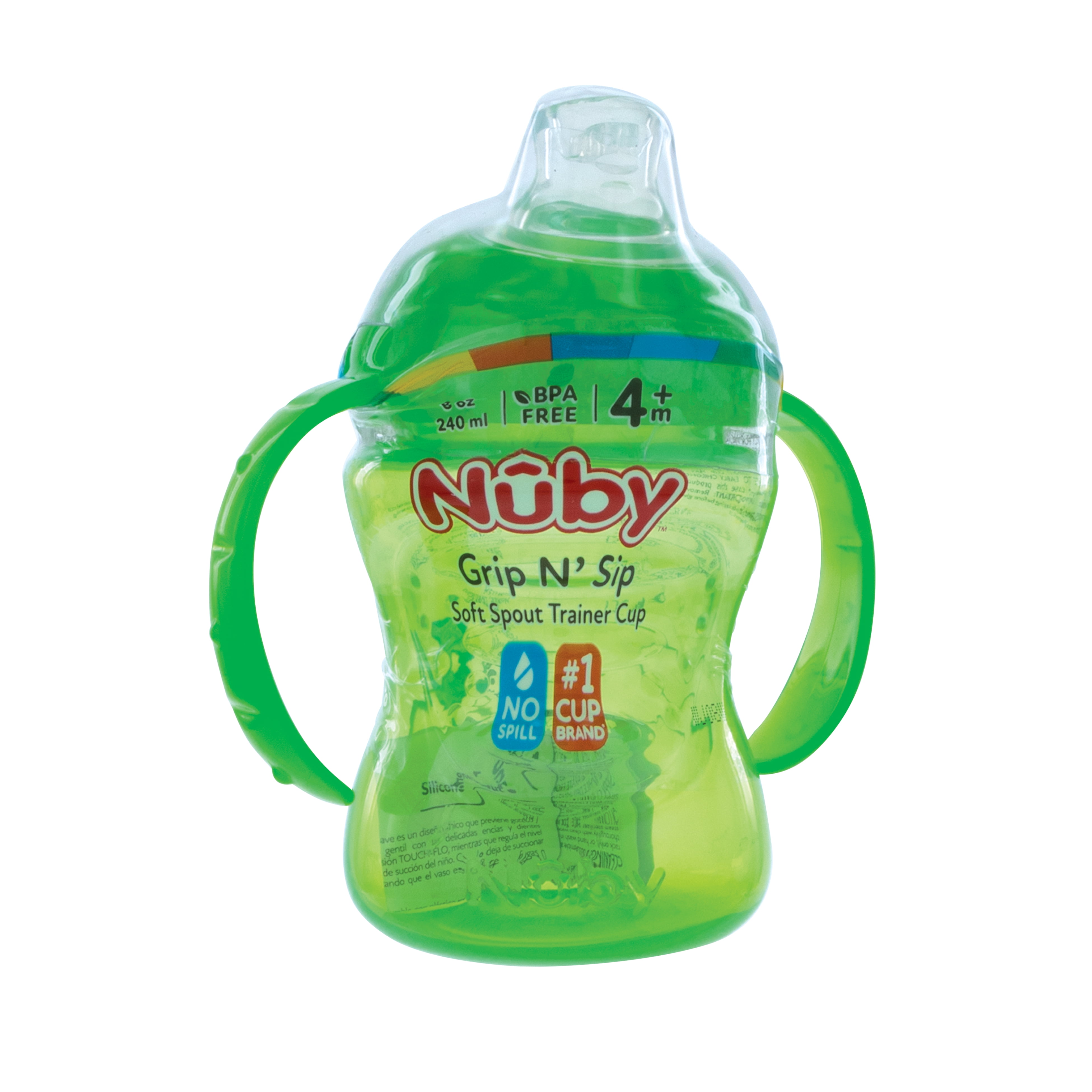 (3 pack) Nuby No-Spill Grip N' Sip Green Soft Spout Sippy Cup, 8 fl oz
