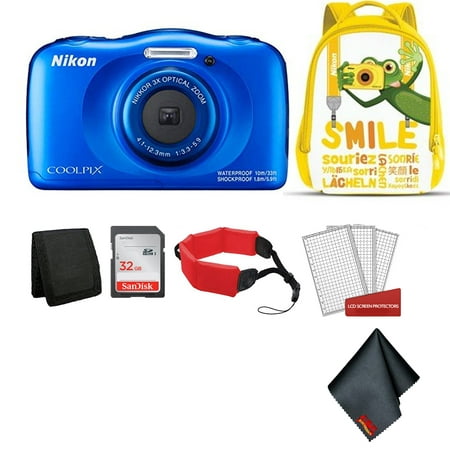 Nikon Coolpix W150 Kid-Friendly Rugged Waterproof Digital Camera (Blue) Bundle with Yellow Backpack + 32GB SanDisk Memory Card + More (Intl
