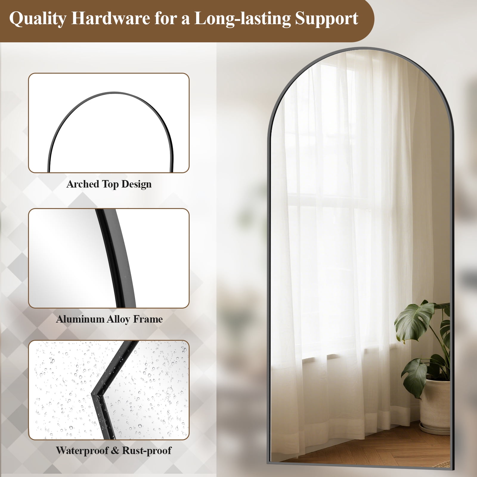 AUROMIR 71"x30" Arched Full Length Mirror Floor Mirror Full Body Standing Mirror, Black