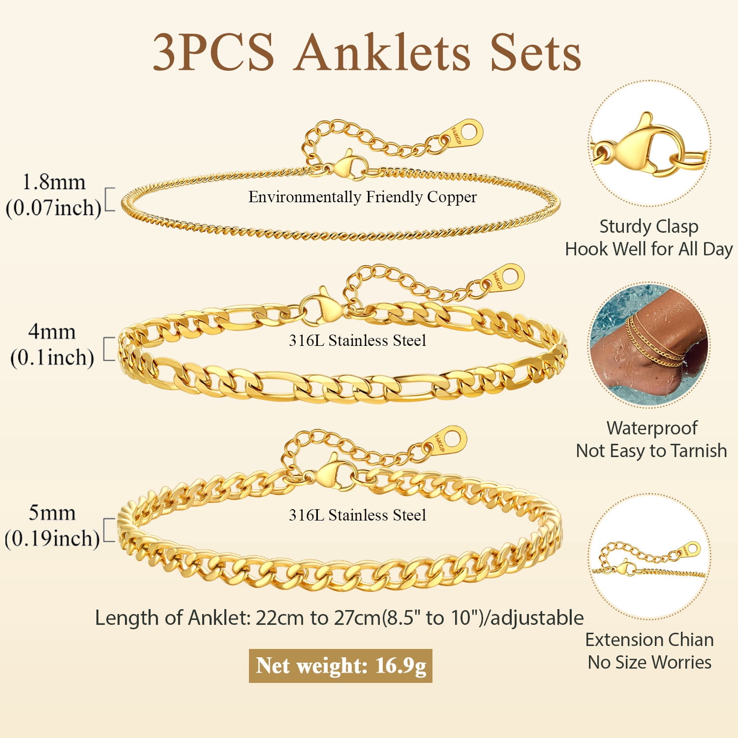 FindChic Ankle Bracelets for Women 14K Gold Plated 3-Layered Anklets Set Waterproof Figaro Chain Cuban Link Summer Foot Jewelry Birthday Gifts for Her Mom Wife