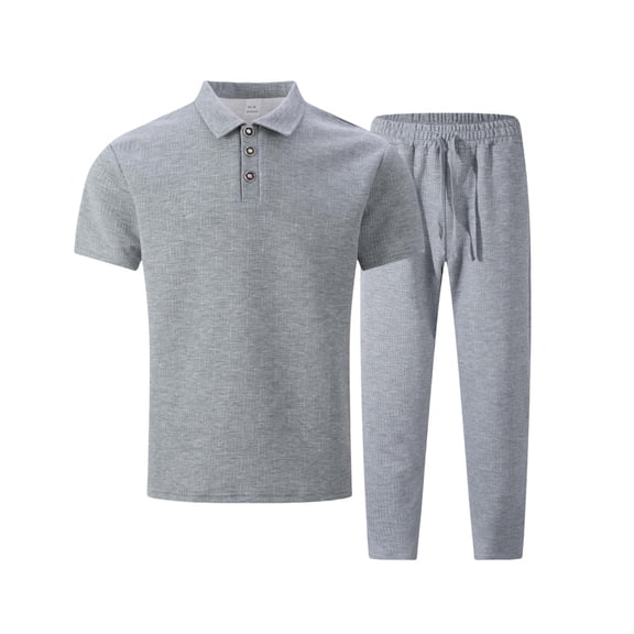 OGLCCG Mens Sweat Suits Set Summer Lightweight 2 Piece Tracksuit Outfits Solid Color Short Sleeve Textured Shirt and Loose Jogging Pants,M,Gray