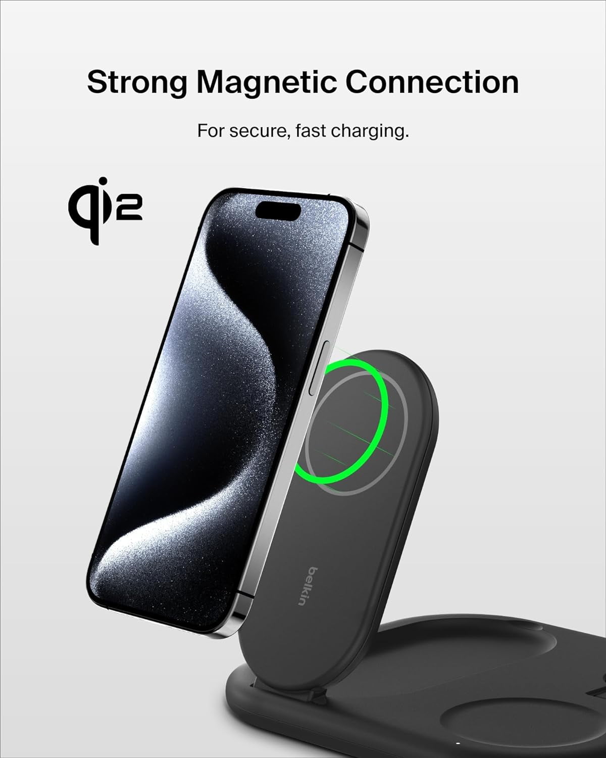 Belkin MagSafe-Compatible iPhone Charger - 3-in-1 Magnetic Foldable Charger 15W - Qi2-Certified Wireless Charging Station for iPhone 16, Apple Watch, AirPods w/Non-Slip Base, PSU Included - Black