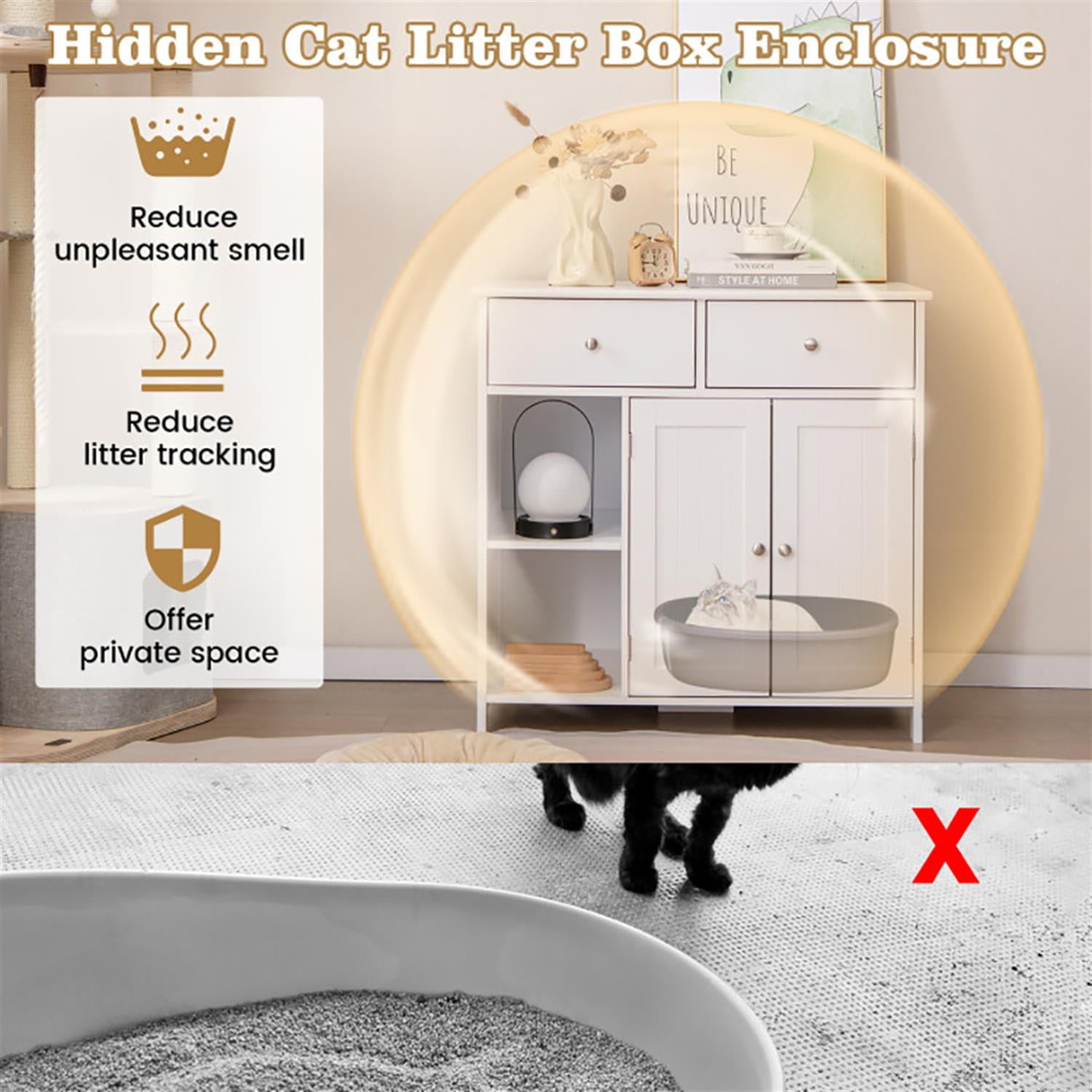 Kadyn 31" Modern Cat Litter Box Enclosure with 2 Drawers, Hidden Litter Box for Cats, Cat House Furniture for Side Table or Nightstand, White