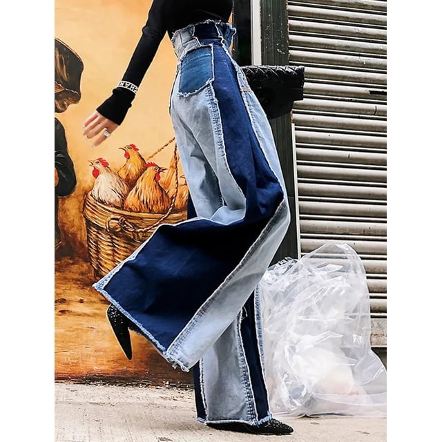 Pantalon Patchwork en Denim à Taille Haute pour Femme, Extensible, Jambe Droite Grand, Jeans Amples, Grande Taille, Pantalon Décontracté de Rue avec Poches à Rabat, Fermeture Éclair, pour Toutes les Saisons