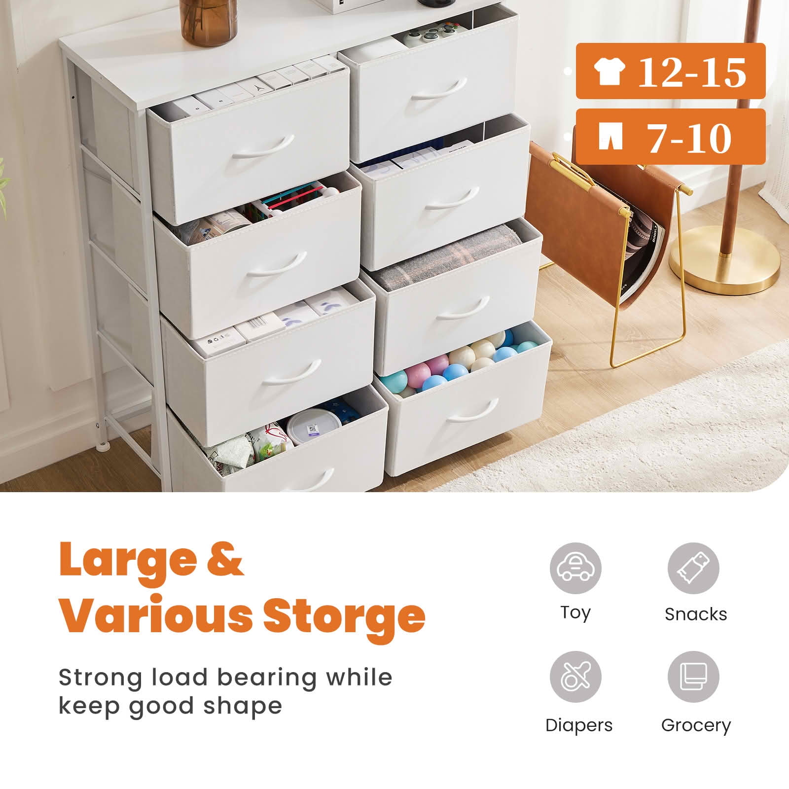 MAYEERTY 8 Drawer Dresser, Fabric Storage Dresser for Bedroom, Living Room, White