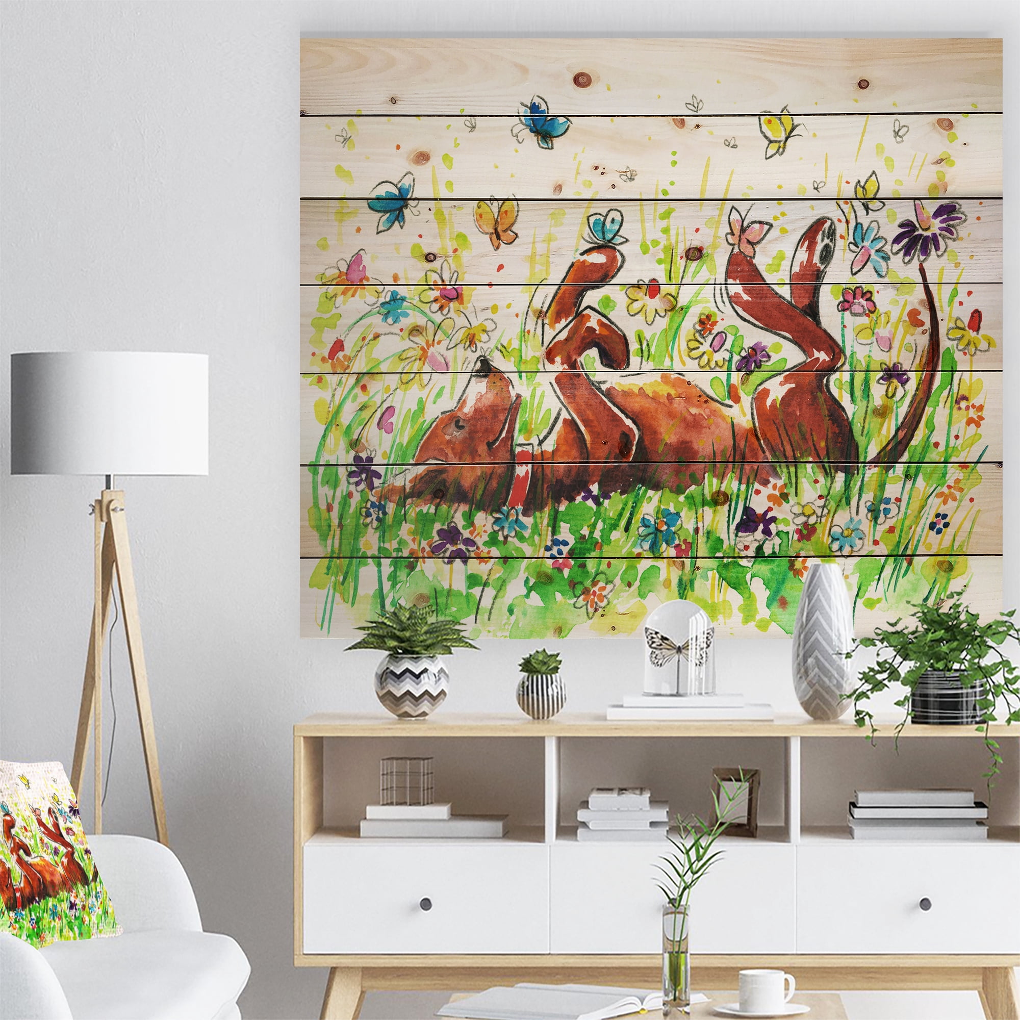 Designart 'Happy Brown dog with Flowers and Butterfly ' Animal Print on Natural Pine Wood