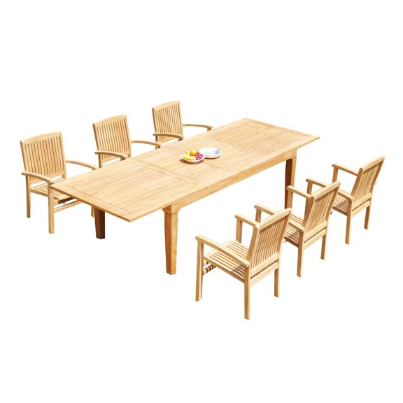 Grade-A Teak Dining Set: 6 Seater 7 Pc: 122" Caranas Rectangle Table And 6 Wave Stacking Arm Chairs Outdoor Patio WholesaleTeak #51WV2907