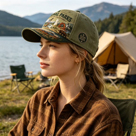 SHJHENG Parks Adventure Collection Baseball Cap Vintage Wildlife Graphic Trucker Hat Outdoor Nature Scene Embroidered Hat With Bear