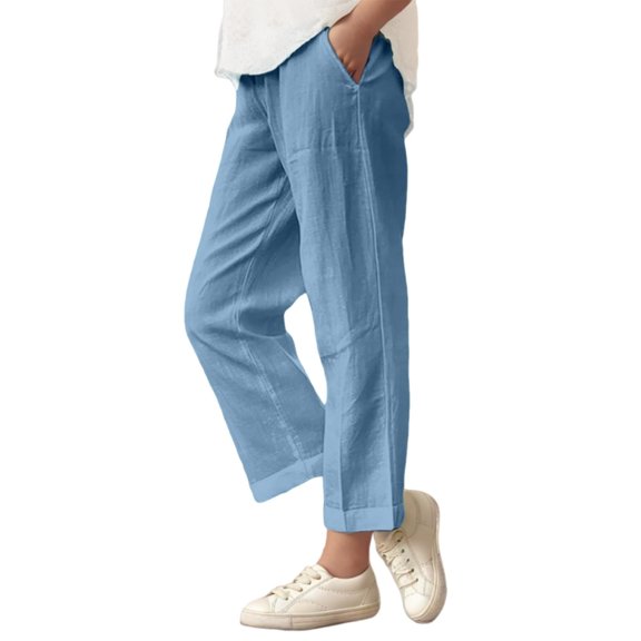 DeHolifer Girls Pants Cotton Linen Elastic Waisted Solid Color Straight Leg Summer Lightweight Loose Comfy Pants,6 Years