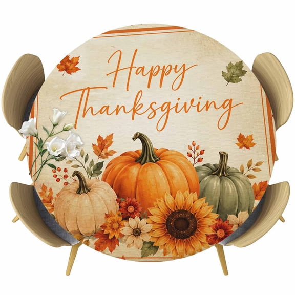 Round Table Cover 45-54 Inch Fall Thanksgiving Waterproof Reusable Table Cloth Round Fitted Vinyl Tablecloth with Elastic Edged for Parties Outdoors, Orange Green Pumpkin Maple Leaf Beige