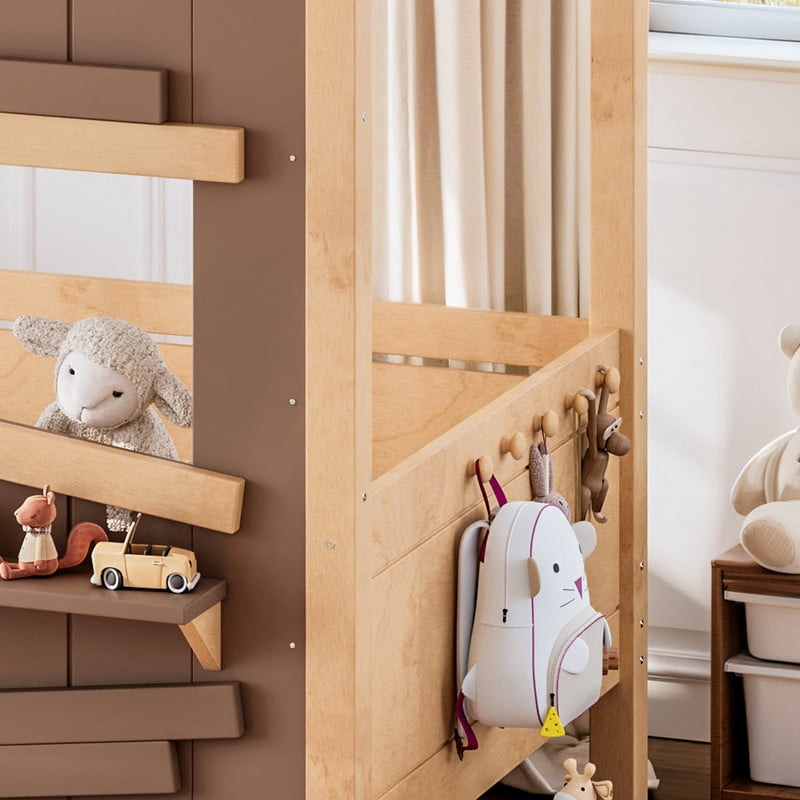 Twin House-Shaped Kid's Bed with Built-in Bookshelf & Light Bulb, Wooden Platform Bed Frame with 2 Drawers & 5 Round Hooks