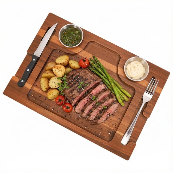 Btidfty Acacia Wood Serving Plate with Grooves Carved Meat Wooden Plate with 2 Sauce Cups for Housewarming Christmas