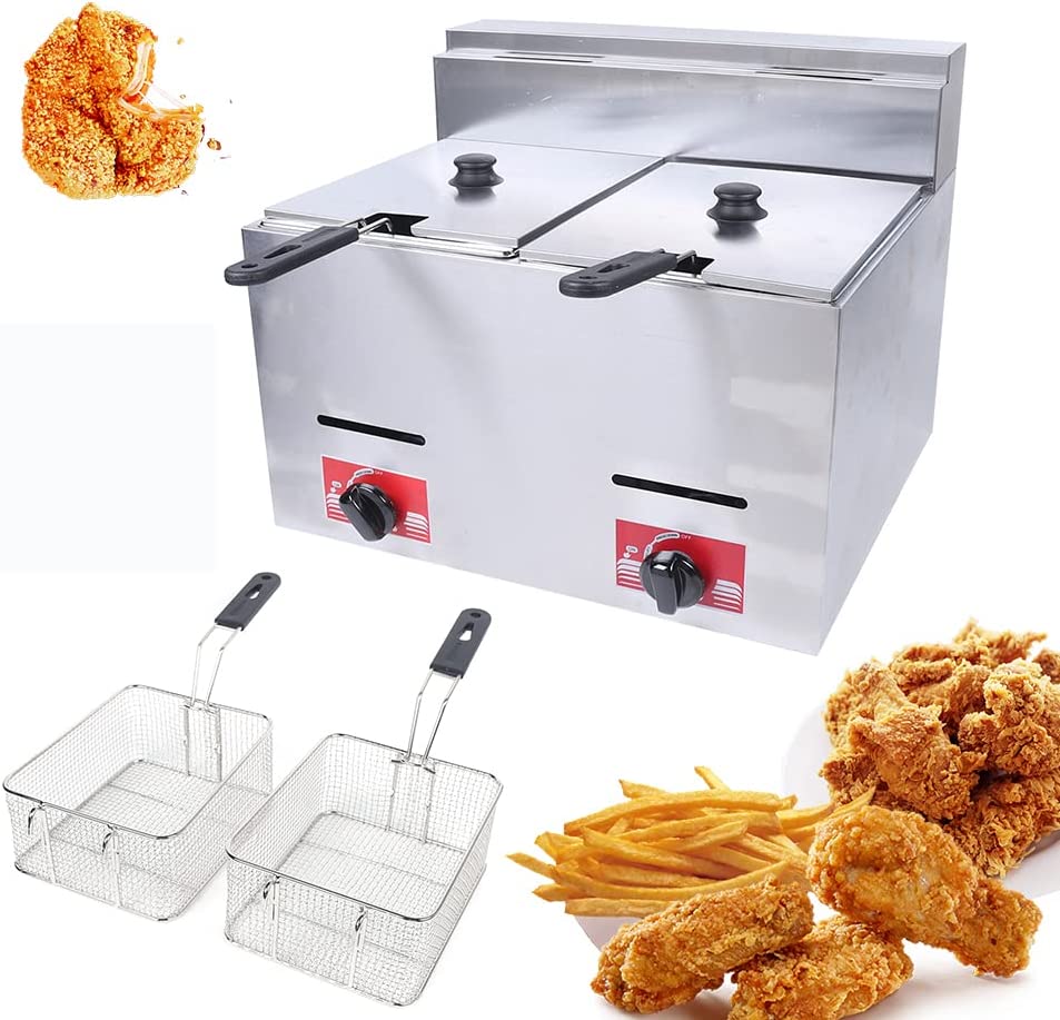 Miumaeov Commercial Countertop LPG Gas Fryer Deep Fryer 2Basket