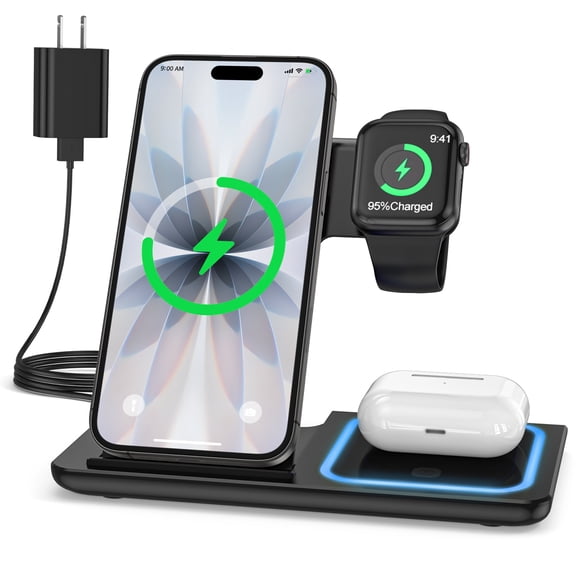 Wireless Charger, 3 in 1 Wireless Charging Station, Fast Charging Dock for iPhone 17/16/15/14/13/12/11/Pro/xs/sr/x/Galaxy, 15W Wireless Charger Stand for Apple Watch Series 10/9/8/7/6/5/4/3/AirPods