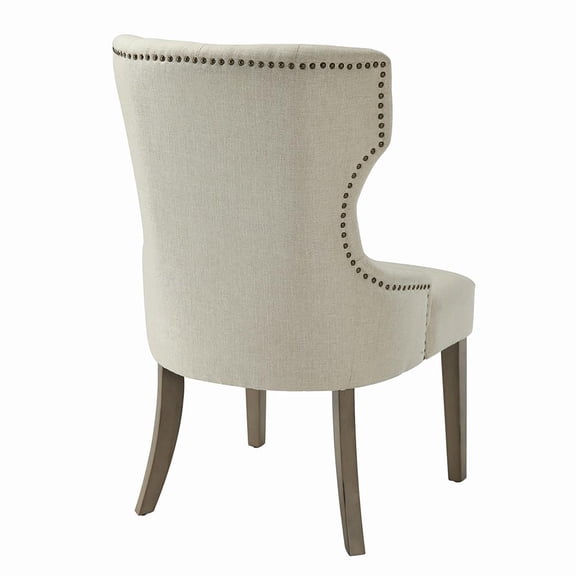 Beige Tufted Wingback Dining Chair with Rustic Smoke Legs  Transitional Farmhouse Style, Upholstered Rubberwood, 24.25"W x 28"D, Elegant Nailhead Trim, Perfect for Dining Room