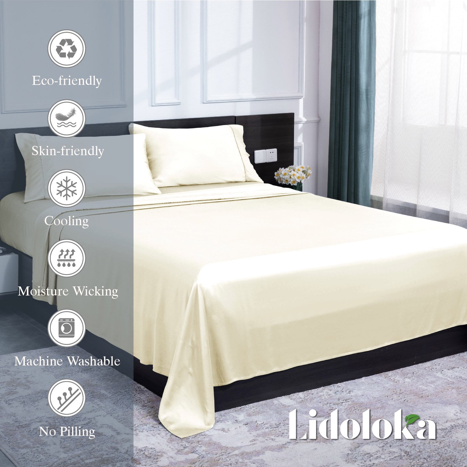 Lidoloka Luxury Bamboo Bed Sheets Set Queen 4 Pcs for Adult,Soft&Cool,16" Deep Pocket,Cream White