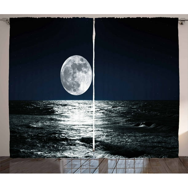 Moon Curtains 2 Panels Set, Big Moon and Its Reflection on the Sea Open Sky Ethereal Drawing