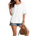 thumbnail image 3 of Blusas de Punto Gofre para Mujer, Moda 2025, Blusas de Patchwork Extragrandes con Cuello Redondo y Mangas 3/4, Blancas, Talla XL, 3 of 6