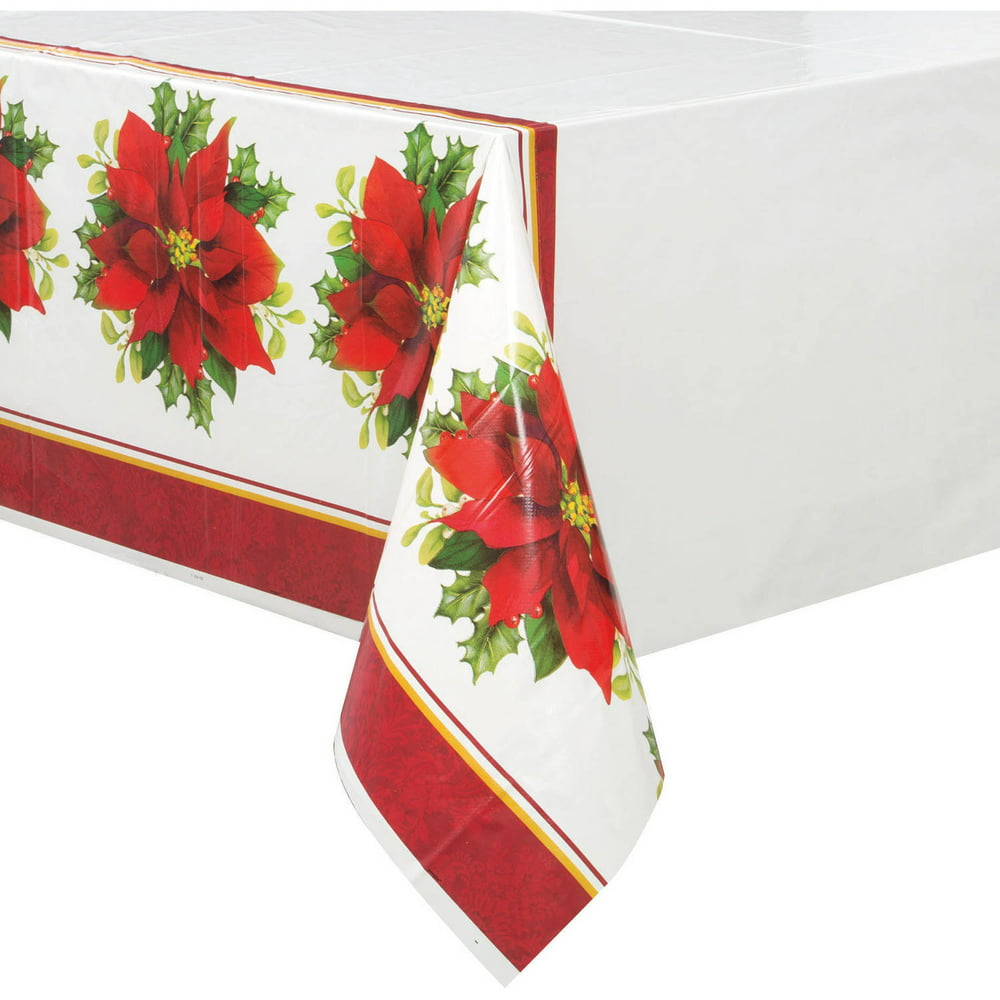 Holly Poinsettia Christmas Plastic Tablecloth, 84 x 54 in