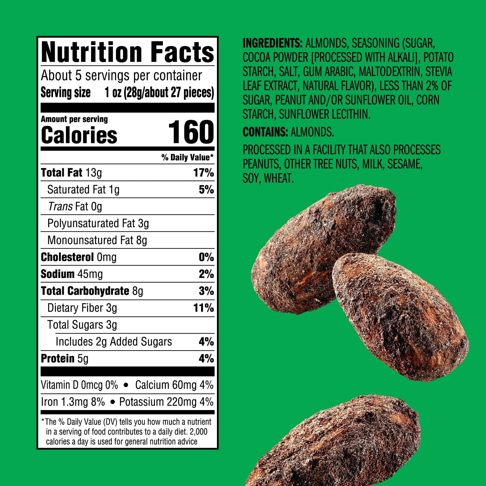 Emerald Nuts, Cocoa Roast Almonds, 5 oz Resealable Bag (Pack of 6)