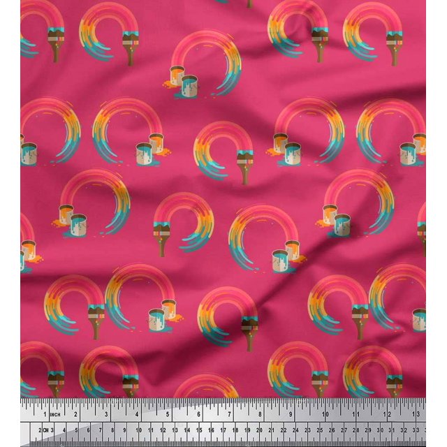Soimoi Pink polyester Crepe Fabric Paint Brush Abstract Print Sewing Fabric Yard 52 Inch Wide