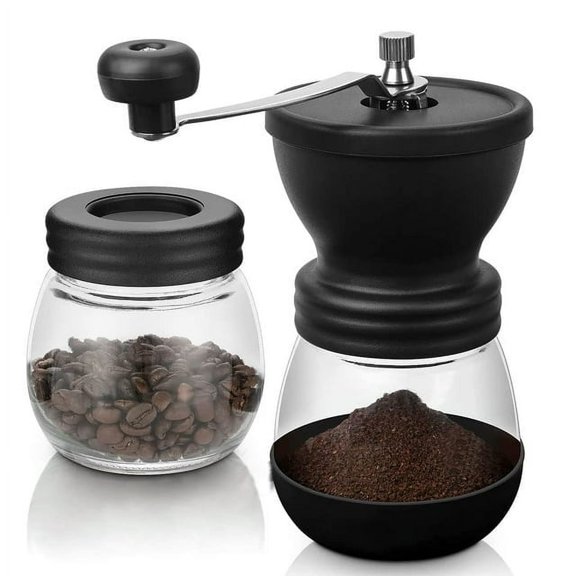 Manual Coffee Grinder with Ceramic Burr for Beans, Espresso, and Spices - Portable Hand Crank Mill with 2 Glass Jars (11oz Each)