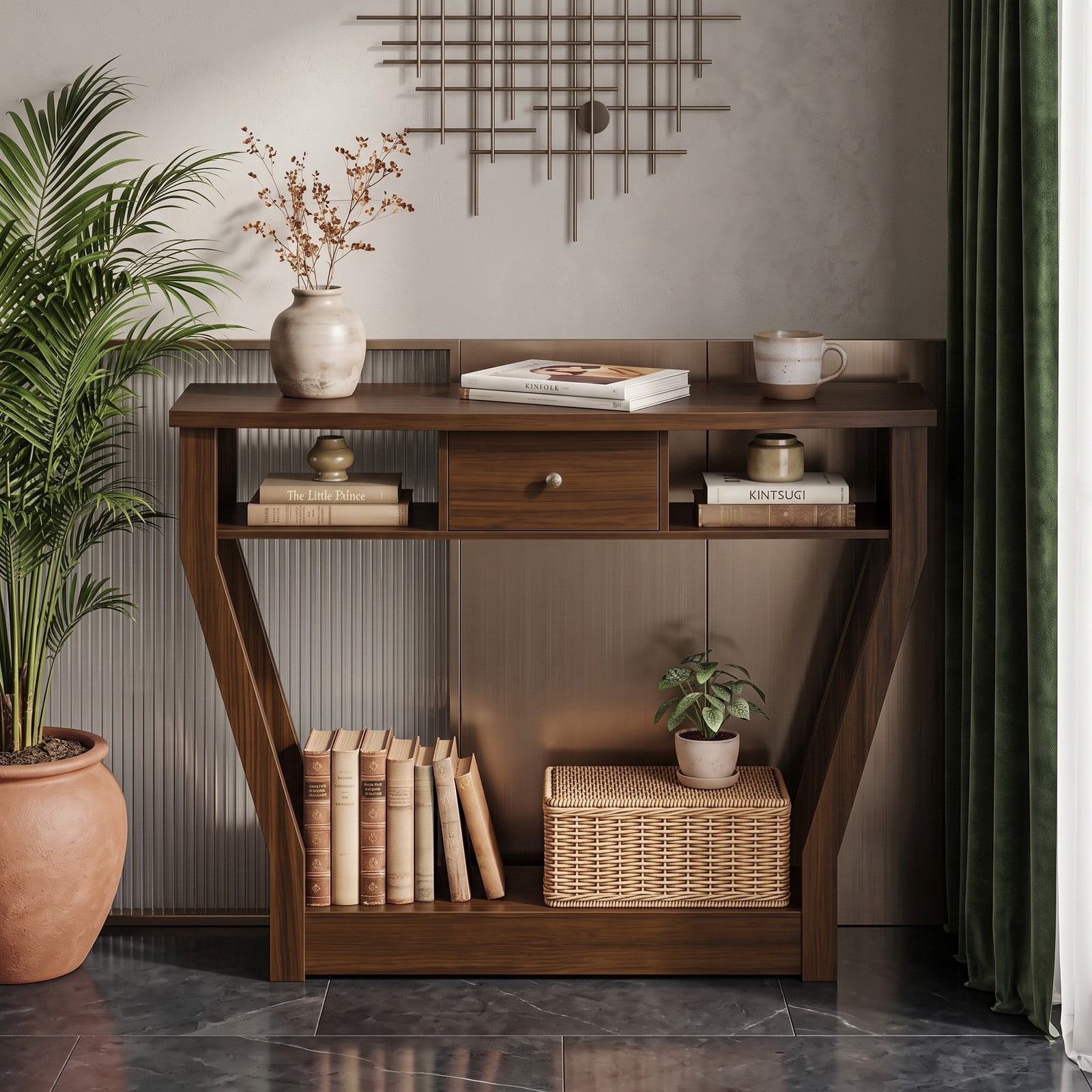 Furnibear Console Hall Table with Storage Drawer and Open Display Shelf and Angled Wood Legs for Entryway and Hallway, Walnut