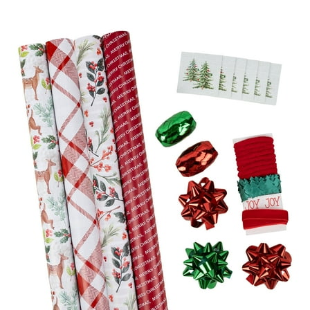 LaRibbons 30" x 10' Christmas Wrapping Paper Set, Gift Wrap Paper Bows Tags, Doe a Deer