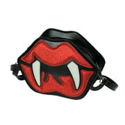 Things2Die4 Glittery Red Vampire Lips With Fangs Black Vinyl Crossbody Handbag