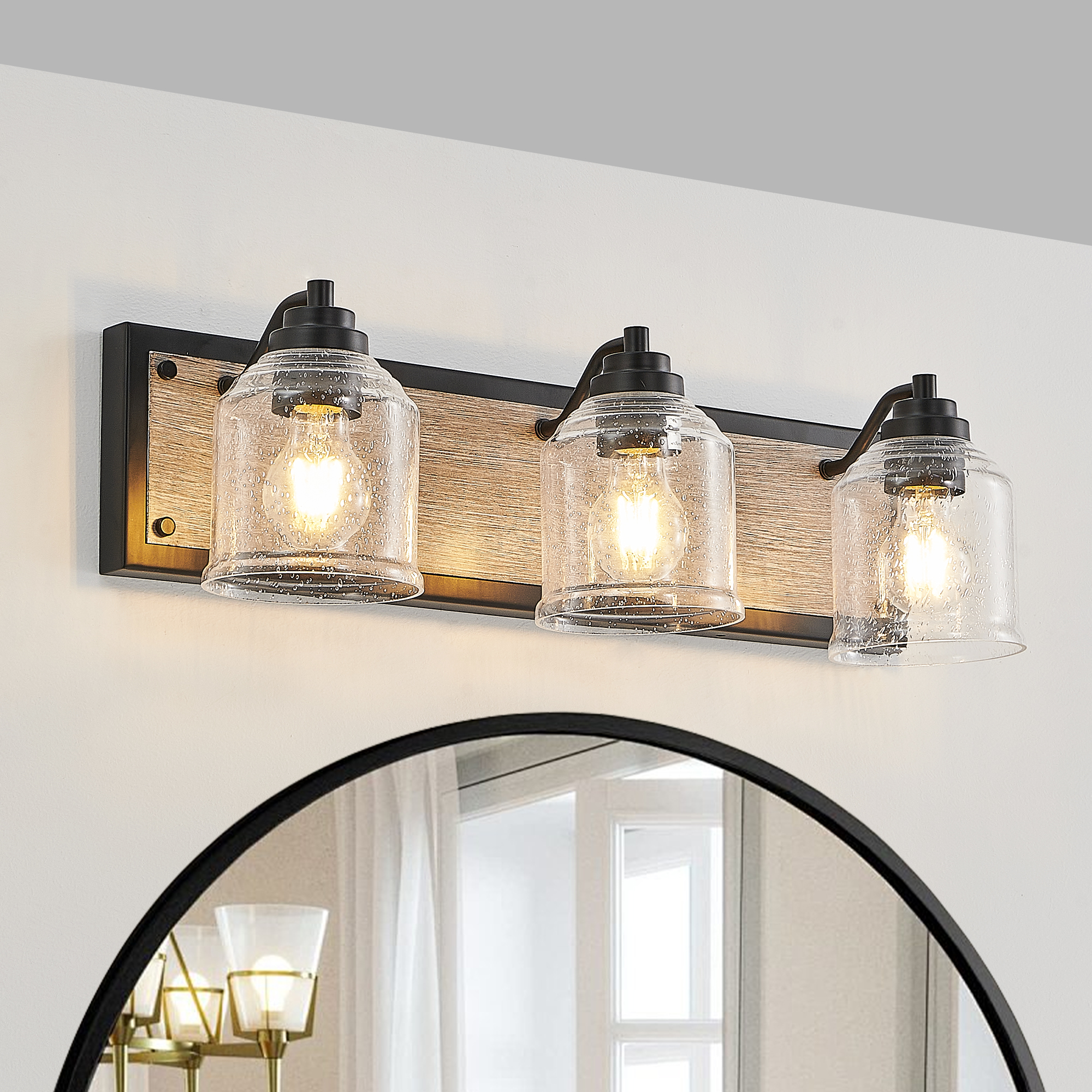 3-Light Farmhouse Bathroom Vanity Light, Brown Metal Vanity Light with Glass Shades,Rustic Wall Sconce Lighting Fixtures Over Mirror for Barhroom,Kitchen 23in