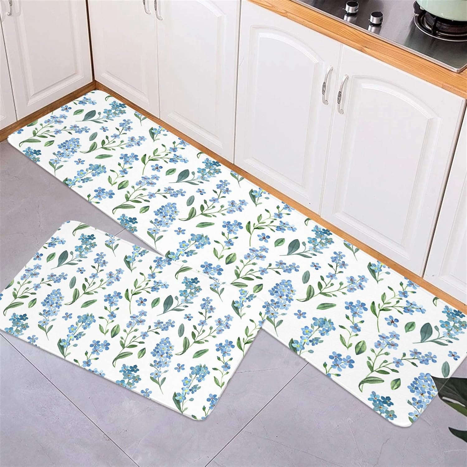 Farmhouse Blue Flower Kitchen Floor Mats, Blossom Floral Green Leaf 2 PCS Anti Fatigue Area Runner Rugs Set Rural Botanical Non-Slip Bathroom Comfort Standing Mat Home Decor