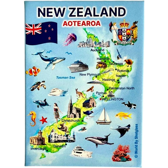 New Zealand Graphic Map and Attractions Souvenir Fridge Magnet 2.5" X 3.5"