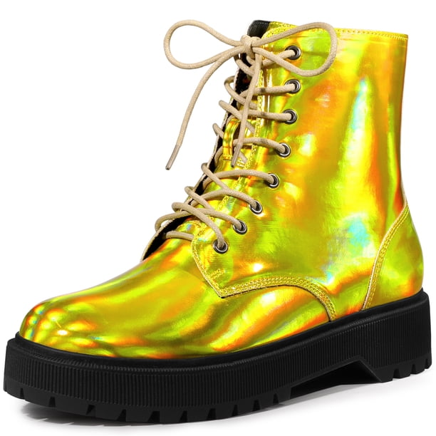 La plataforma del dedo del pie redondo de las mujeres ata para arriba los botines coloridos del combate Oro 36